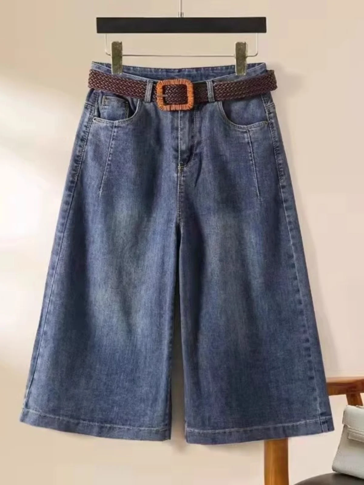 

Летние свободные широкие джинсы на семь футов с высокой талией длиной до колена, женские модные тонкие джинсовые прямые джинсы глубокого цвета