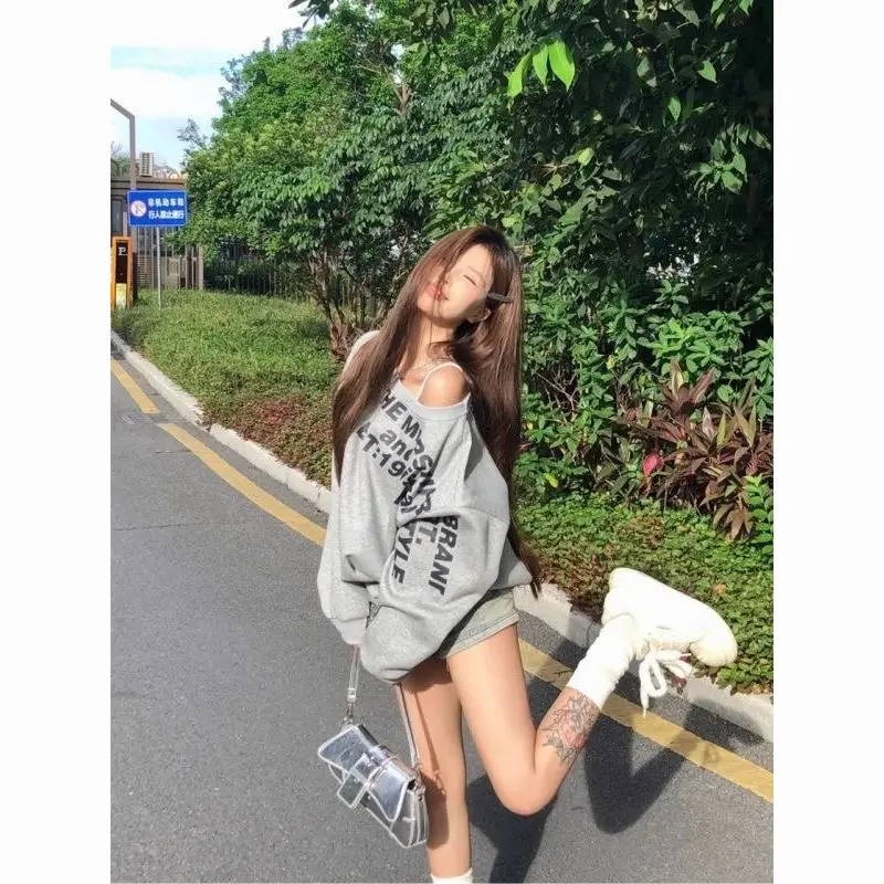 

Женская одежда Y2K, толстовки Strecth Bf для подростков, трехмерная нашивка, стираная строчка, контрастный контрастный цвет, хаки