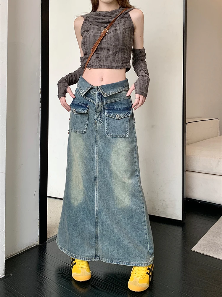 

Large Size 5XL Long MaxiVintage Denim Skirt Women2023 Fashion Floor-Length High Waist Jean Skirt Female Washed Skirt