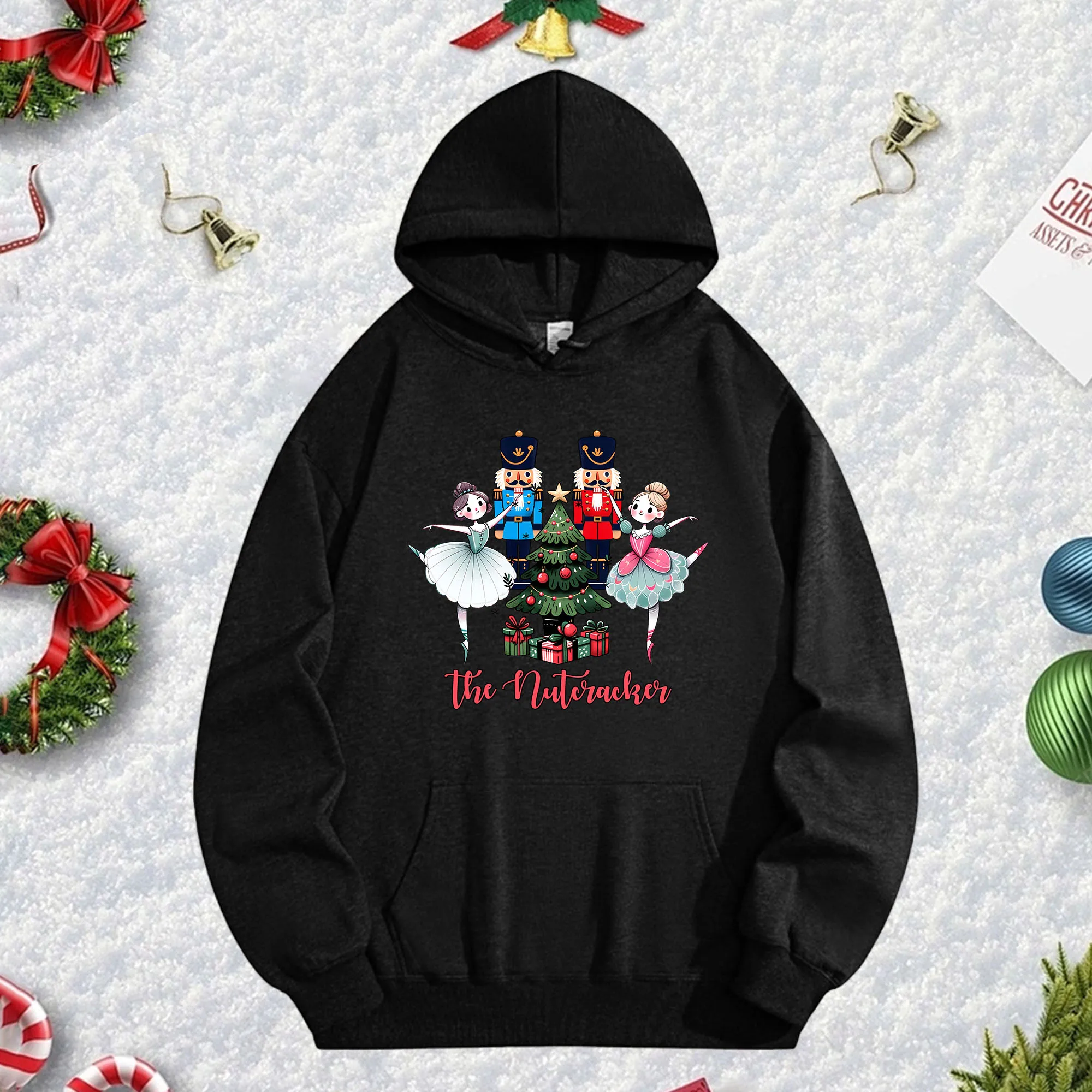 كريسماس 270G هوديي أسود للرجال والنساء، بلوفر صوف كبير الحجم مريح لخريف/شتاء عيد الميلاد ورأس السنة الجديدة