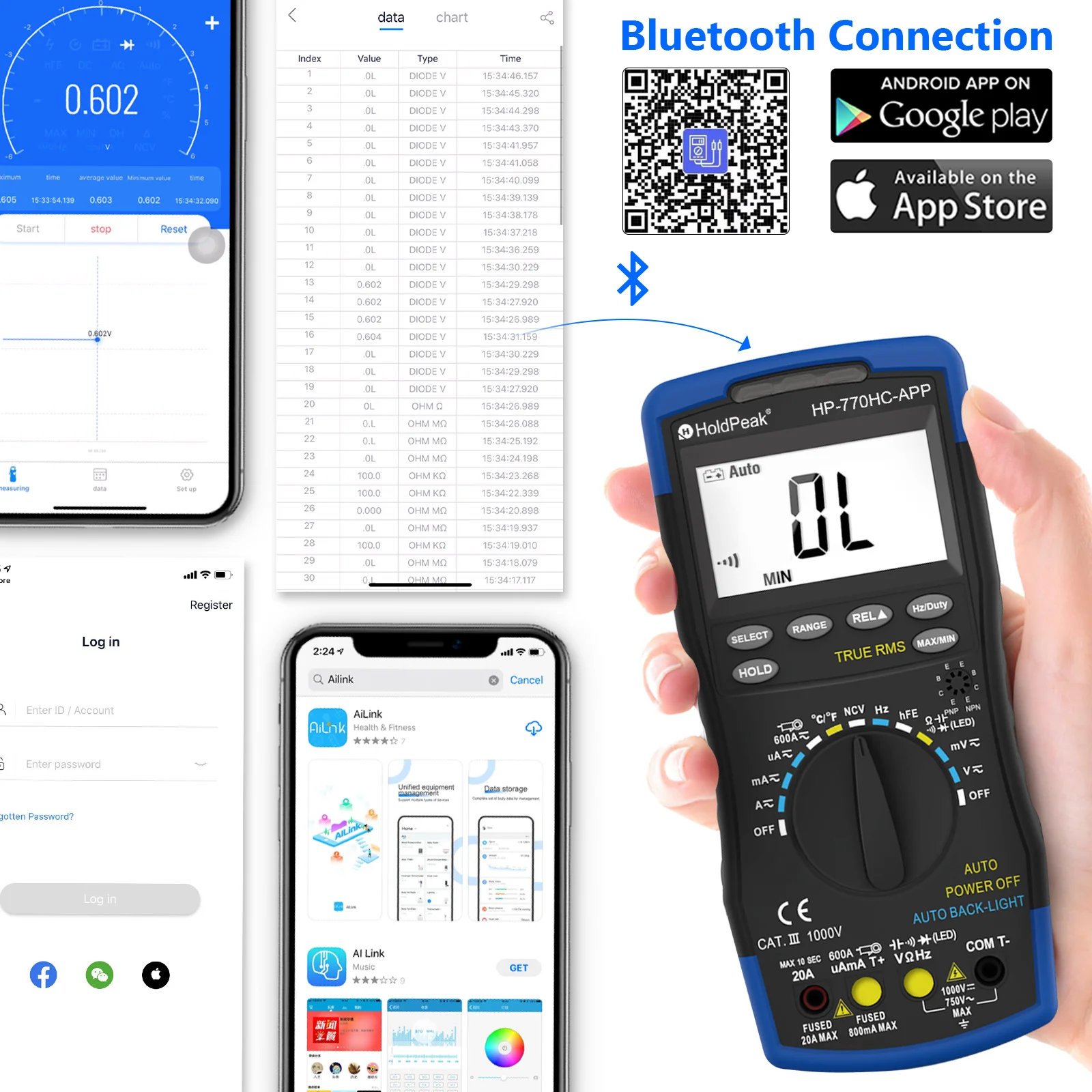 

HP-770HC-APP True RMS Digital Multimeter 6000 Counts Bluetooth APP NCV Auto Backlight Capacitance Temp