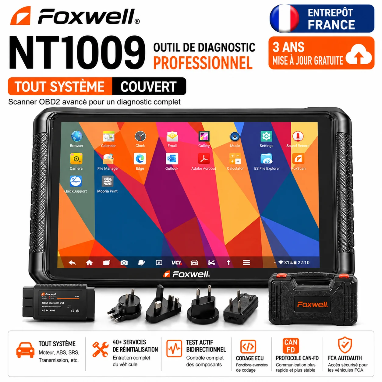 FOXWELL NT1009 OBD2-Scanner 10,1 Zoll bidirektionales Kfz-Diagnosetool ECU-Codierung Alle Systeme Auto-Scanner 40+ Reset-Dienste CAN-FD FCA AutoAuth Topologiekarte Aktiver Test 3 Jahre kostenlose