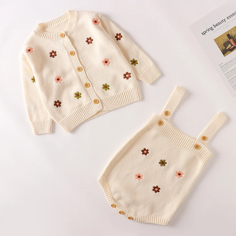 

Autumn Winter Children Knitted Clothing Suit Long Sleeved Floral Embroidery Cardigan+Jumpsuit Newborn Baby Girls Clothing Set