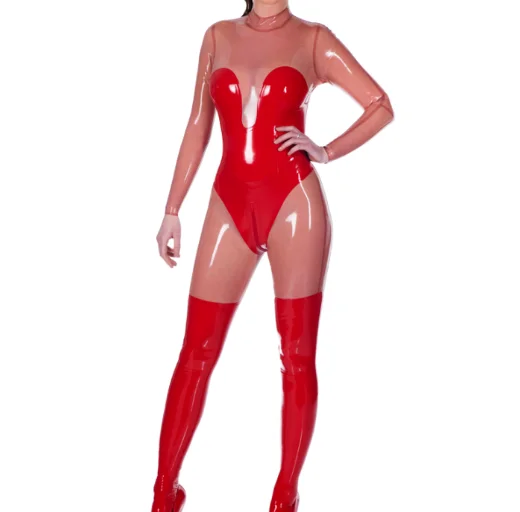 

Latex Rubber Gummmi Red transparent color patchwork Jumpsuit party role play racing uniform hand customized 0.4mm XS-XXL Cool