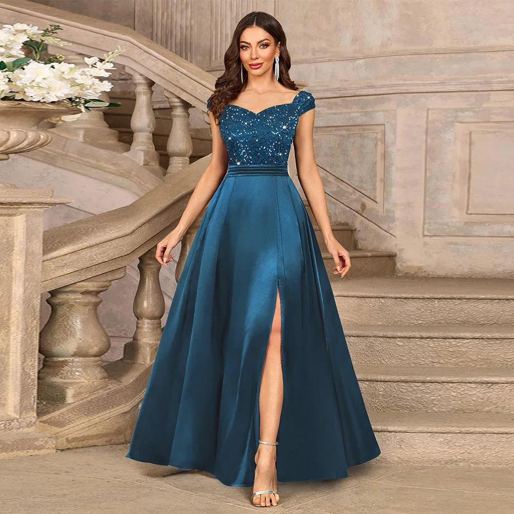 Customized Exquisite Women's Elegant V-Neck Sequin Lace Contrast Satin Mother of The Bride Dress Split Bridesmaid Maxi Dress
