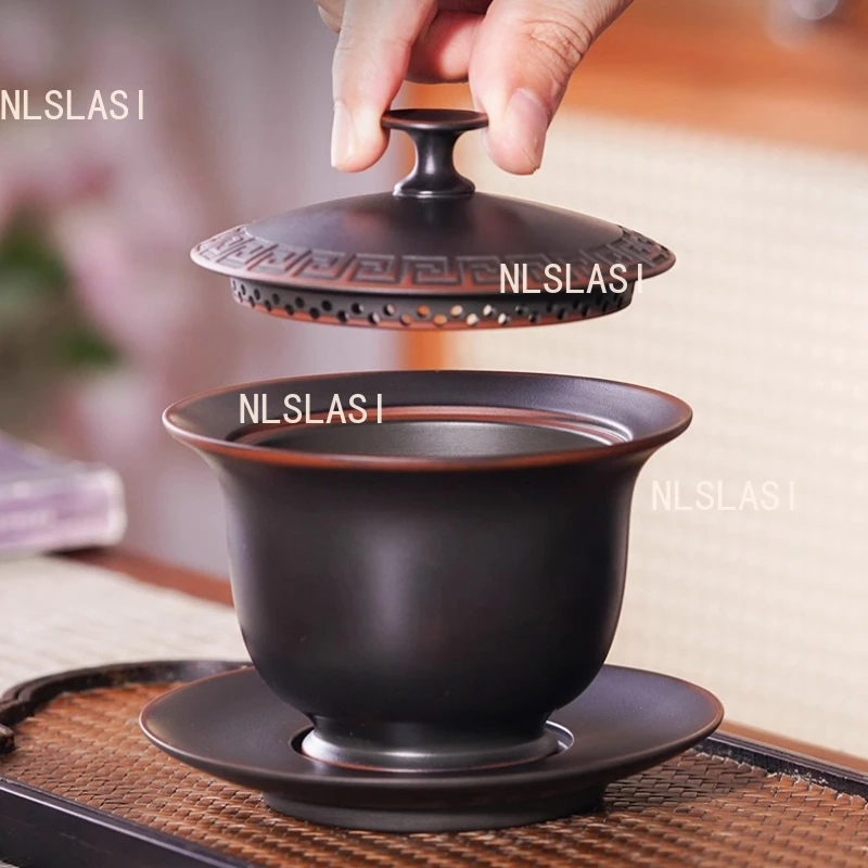 

200 мл Юньнаньская фиолетовая керамическая чаша с полным отверстием, черная крышка, противоожоговая чайная чаша, чайные сервизы ручной работы, аксессуары для чайных насадок