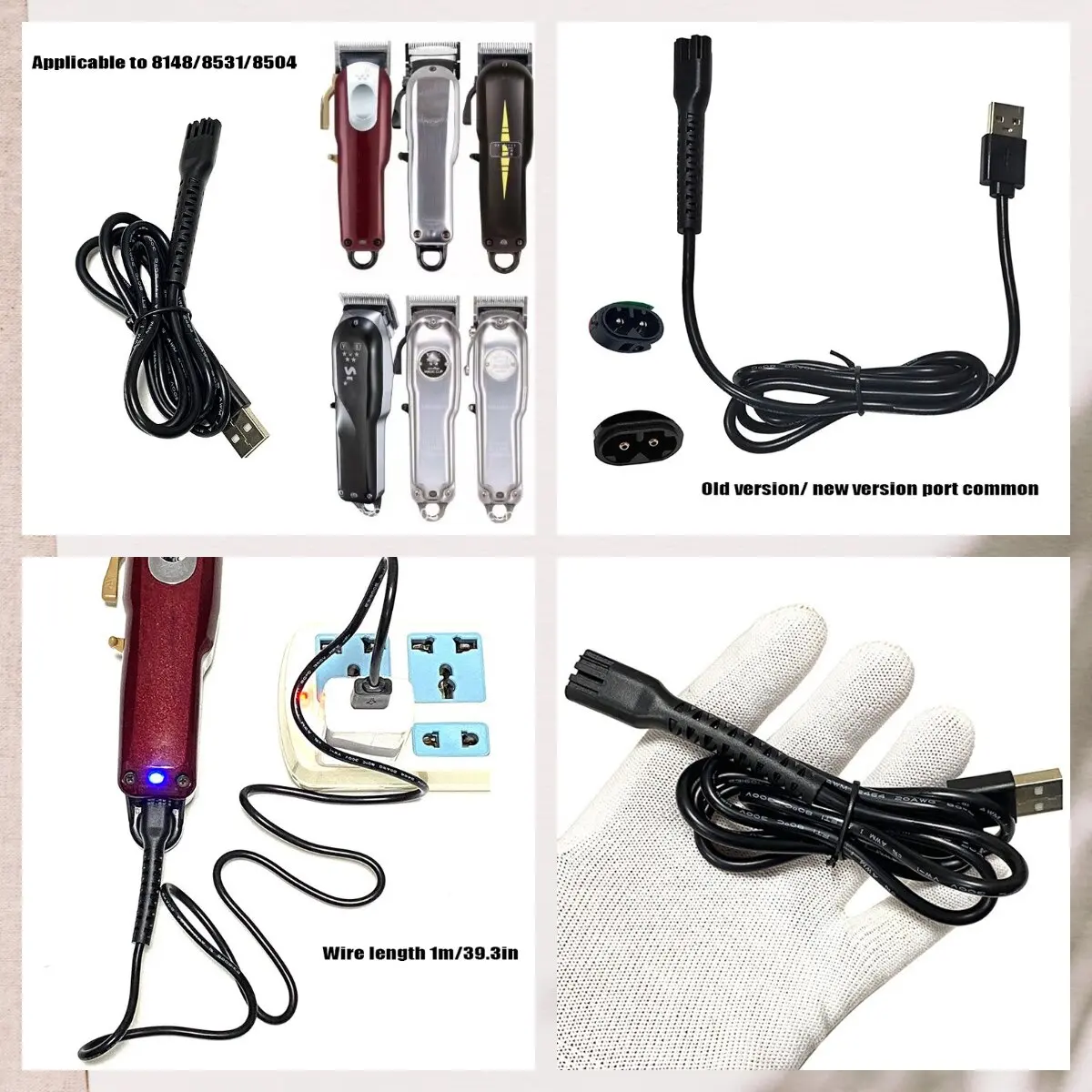 Cabo de alimentação de carregamento usb, 1m, 5v, escolha, carregador para wahl 8148/8591/8504, peças de reposição, máquina de cortar cabelo elétrica, acessórios de barbearia