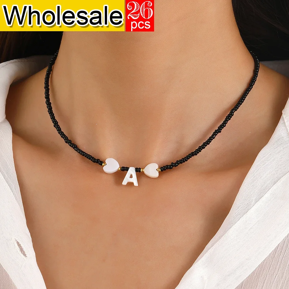 

26PCS Bohemian style Choker neck Women necklace Beike Initial Letter Black Rice Bead Necklaces Women's jewelry Birthday Gifts