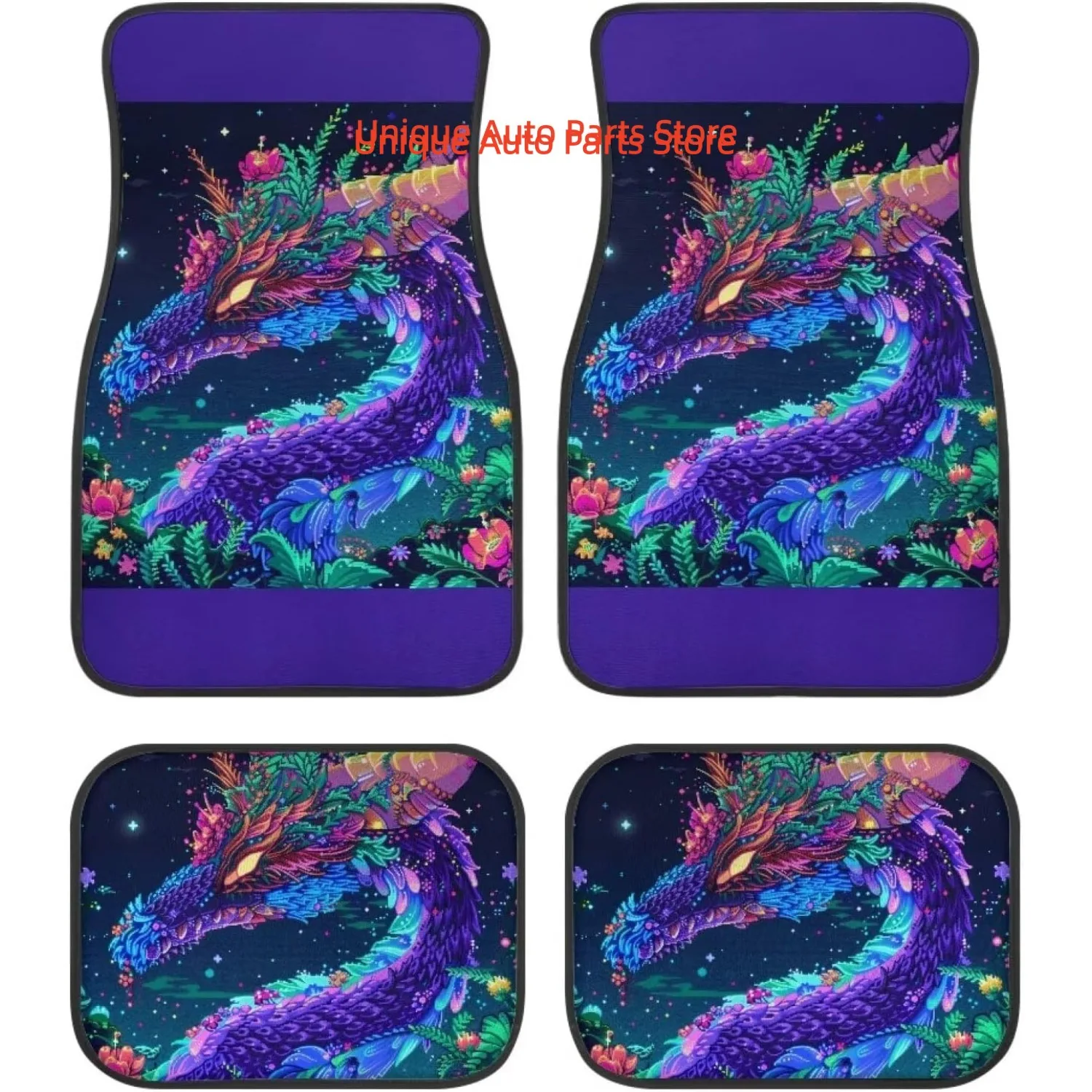 Purple Floral Dragon Print Universal Fit Car Floor Mats 4pcs, Front & Rear Automotive Floor Mats with Multi Pixel Style Designs,
