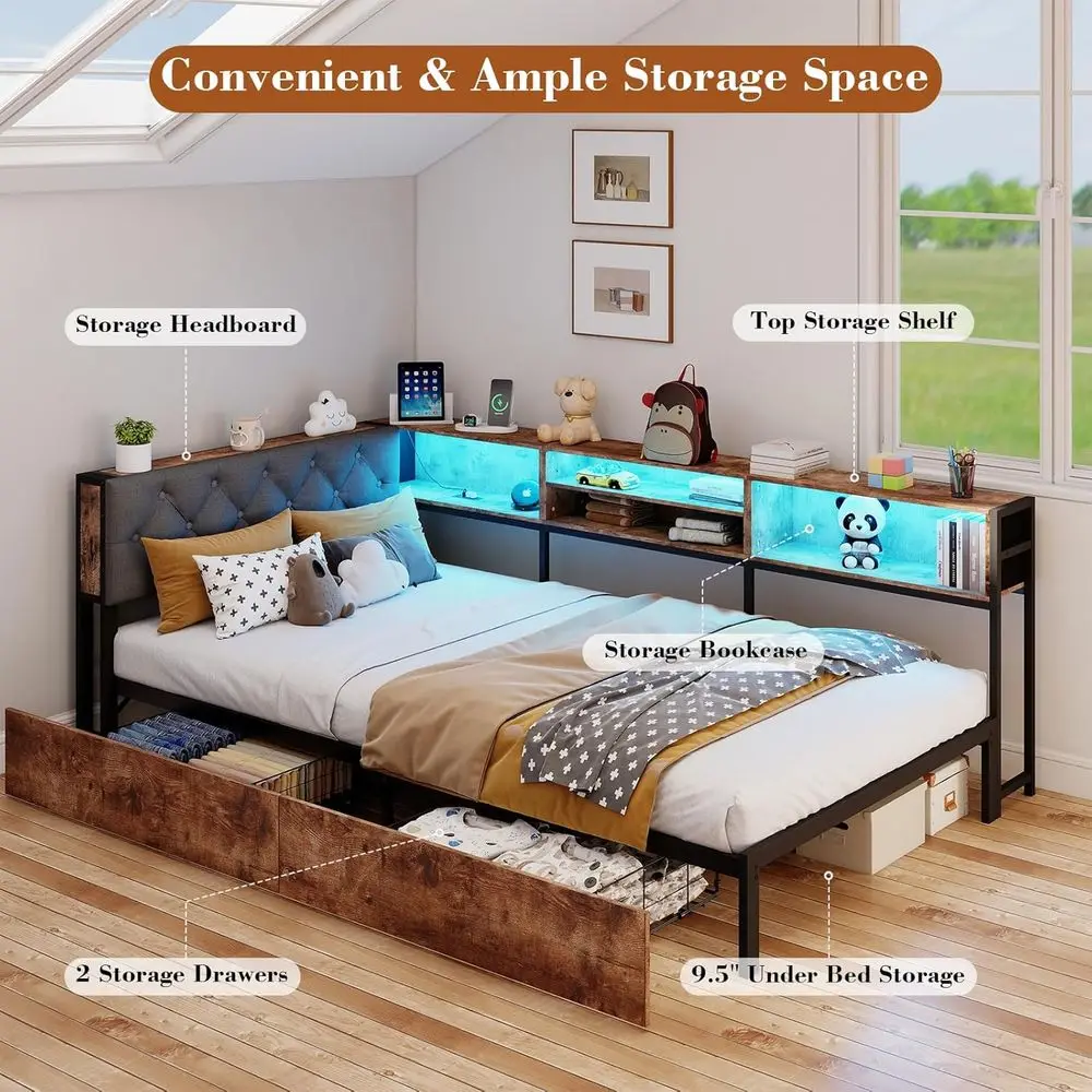 収納付きツインコーナーベッド、本棚、LEDライト、収納引き出し付きデイベッド、ヘッドボードと充電ステーション付き布張りベッド