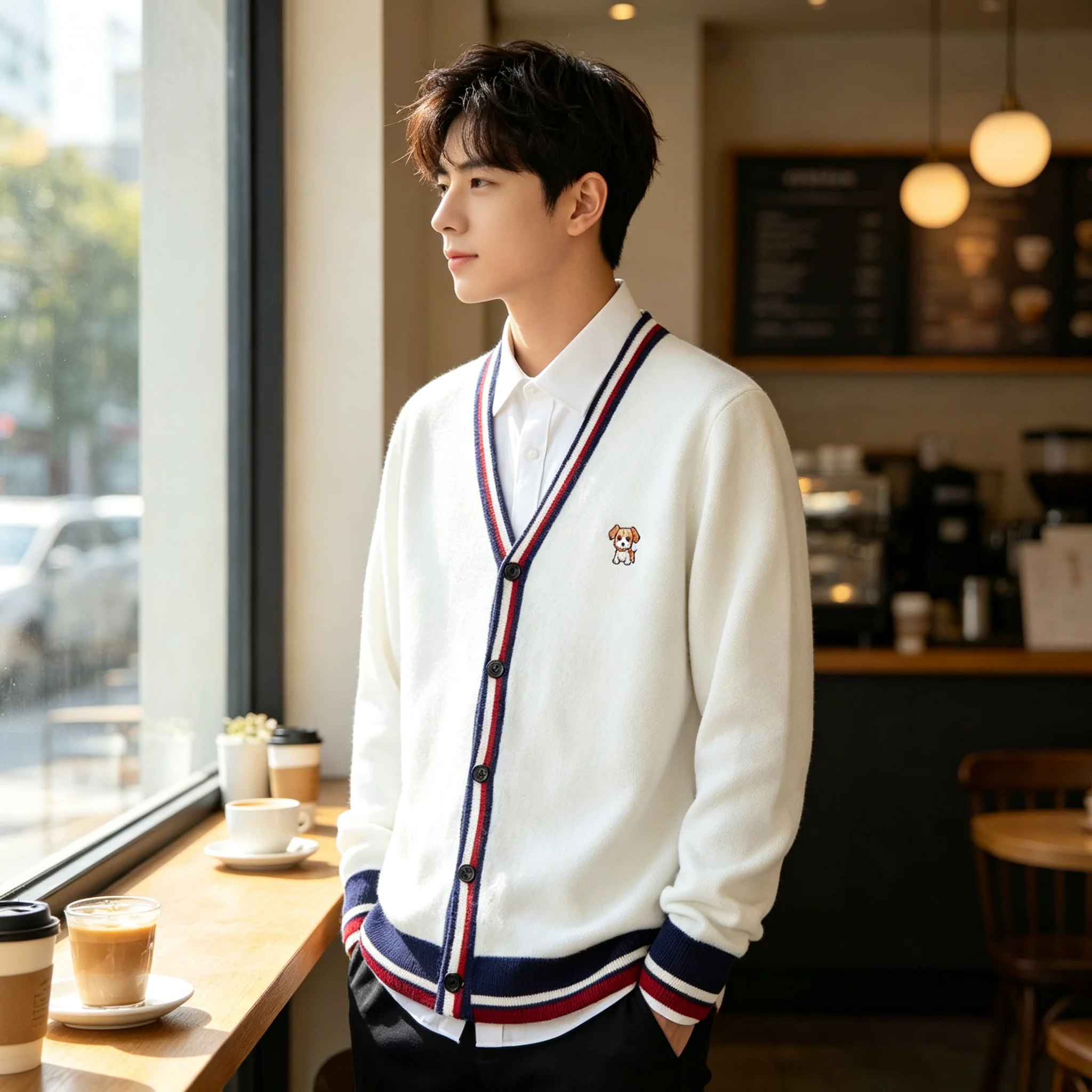 Autumn and winter new 100 pure cashmere cardigan men's V-neck contrast simple casual thick coat