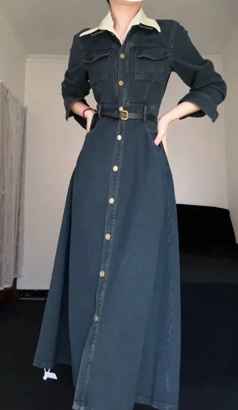 Vintage Jeans Dresses Woman New French Niche Jeans Dress High Waisted Lapel Pocket Button A-Line Denim Long Skirts for Woman