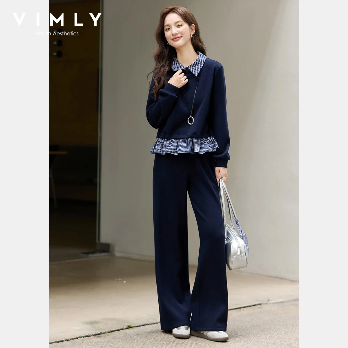 

VIMLY Navy Blue Women Pant Suits Sports Winter 2025 Plaid Spliced Turn-down Neck Tops Knitted Wide Leg Pants 2 Piece Sets A3198