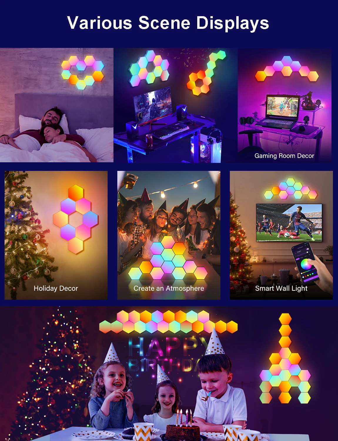 Fivemi RGB Inteligentna sześciokątna lampa ścienna zmieniająca kolor Ambient Night Light Hexagonal DYI Music Rhythm APP Control Pokój gier Sypialnia