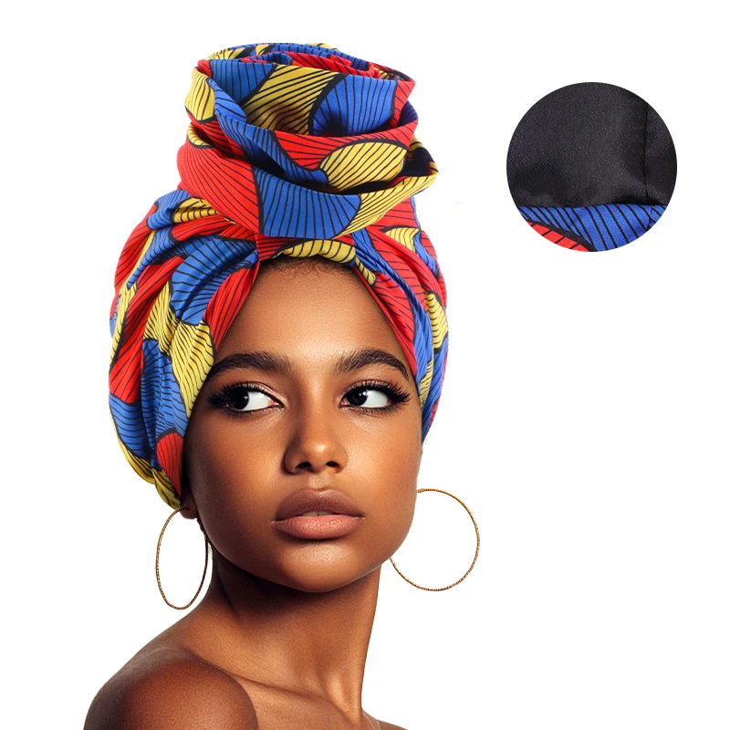 Woman African Satin Lined Turban Cap Big Flower Hat Floral Printed Headwrap Bonnet Muslim Headscarf Ladies Beanies