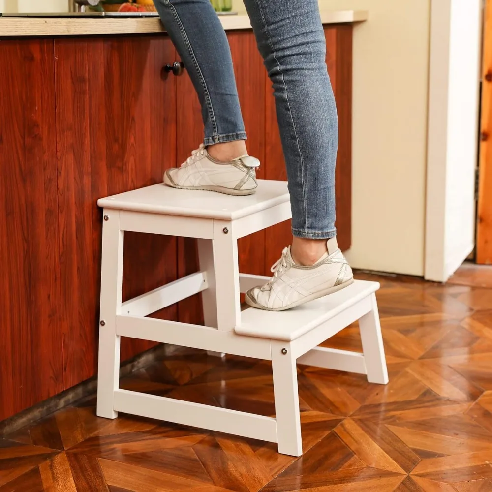 Escabeau de cuisine pour enfants avec rail de sécurité, construction en bois massif, tabouret d'apprentissage pour tout-petits, blanc