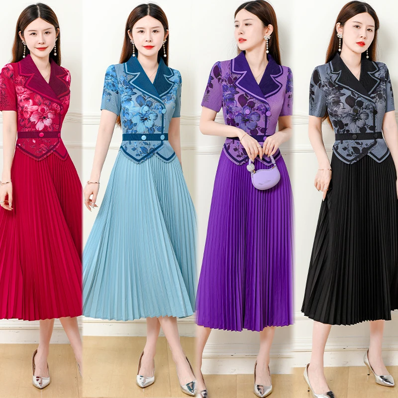 

AIMEILI Women Summer Elegant Pleated Dress Suit Set High Quality Cocktail Party Robe Vintage Print Designer Casual Vestidos