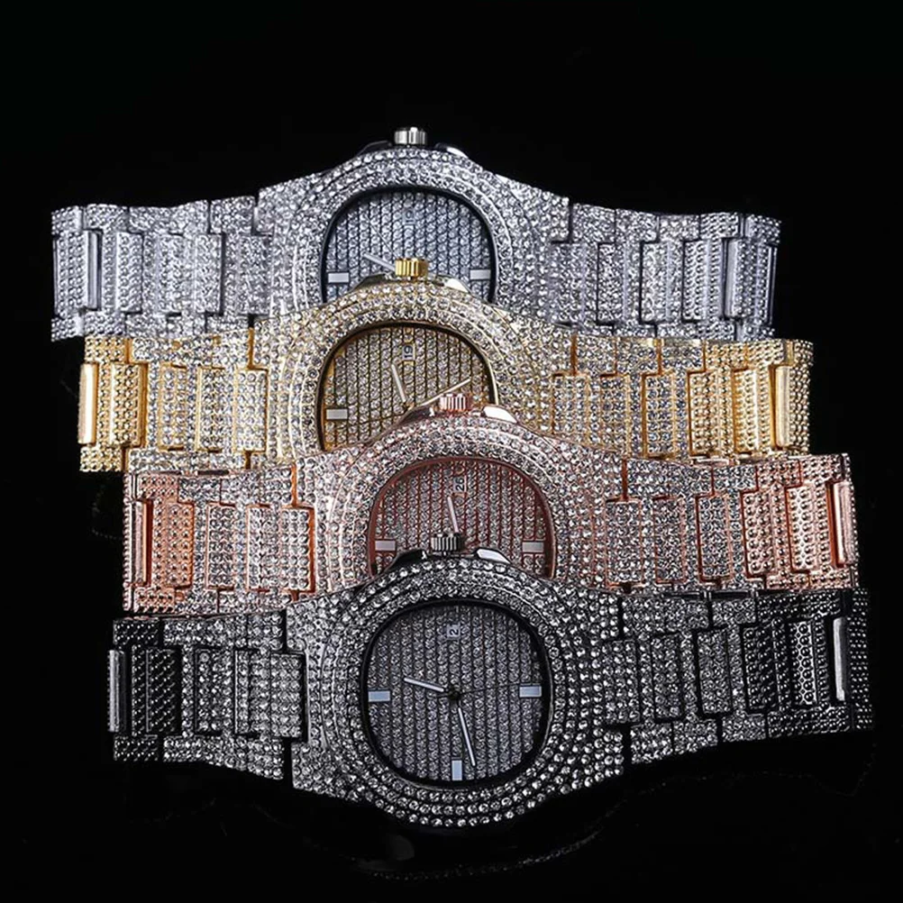 

Rhinestone Zircon Watch Wrist Watches Quartz Earth Tones Men Mens Dress Luxury Band Hip Hop for Man