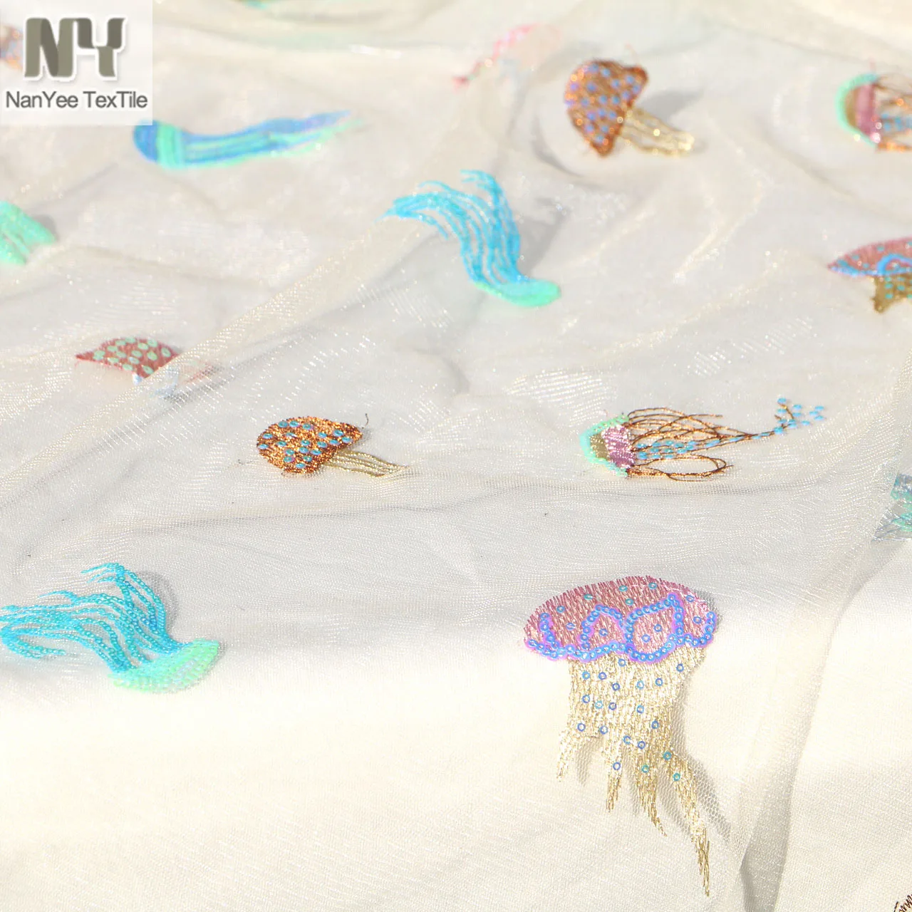 Multi Colors Sea Animal Jellyfish Shell Fishes Designs Sequin Embroidered Tulle Netting Fabrics