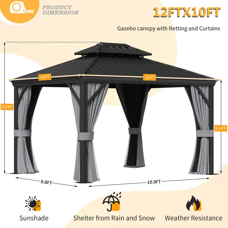 Aoxun 10 ft. x 12 ft. Zewnętrzna altana z twardym blatem, altana z podwójnym dachem ze stali ocynkowanej z zasłoną i siatką, szara