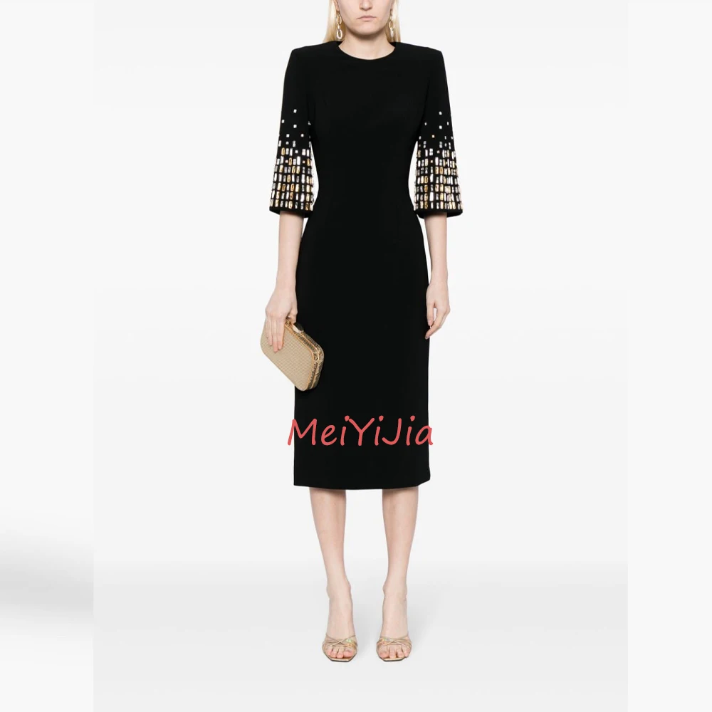 MeiYiJia O-Neck 1/2 Sleeves ZipperUp Sheath Beaded Simple Tea-Length Saudi Arabia Sexy Evening Birthday Club Outfits Summer 2024