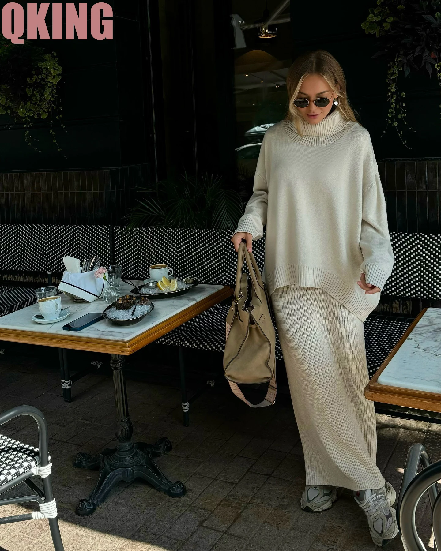 

Sweater Two-Piece Set High Collar Loose Woolen Sweater Solid Color Simple Fashion Woolen Skirt