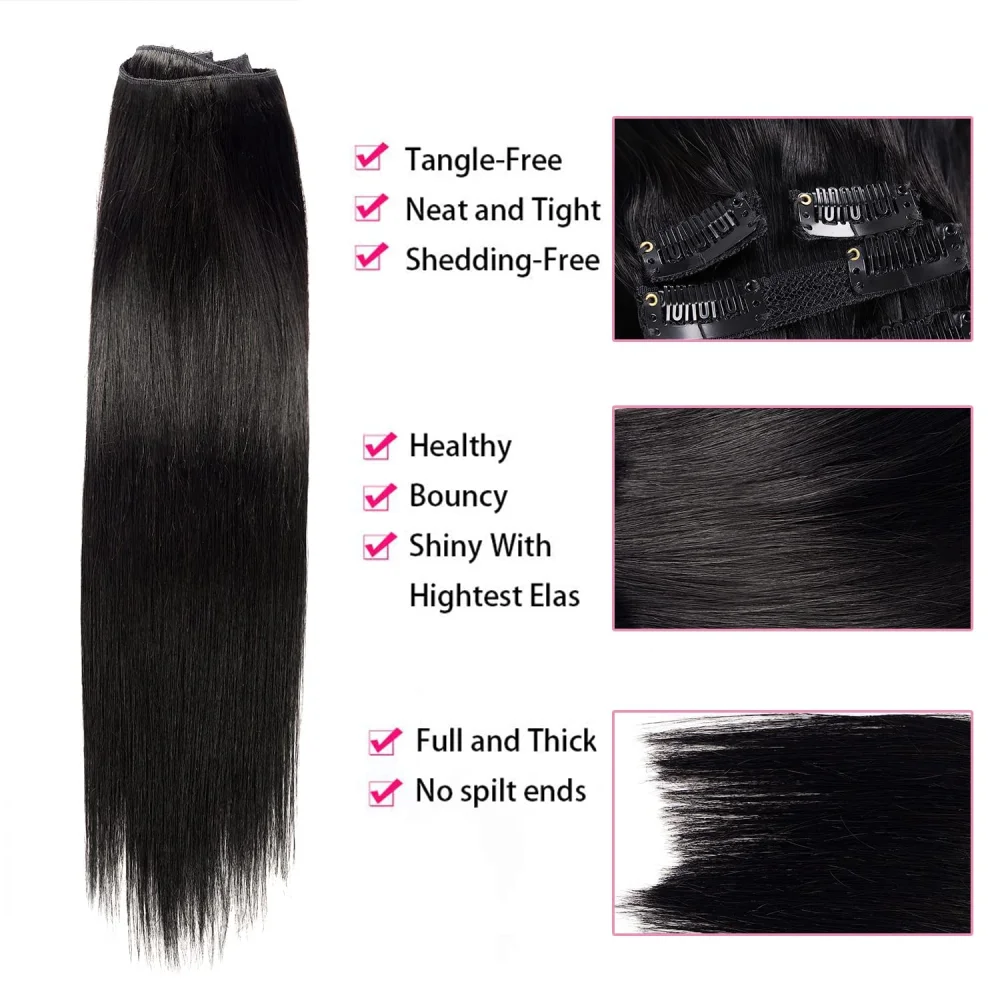 Extensiones de Cabello brasileño liso sin costuras, cabeza completa Invisible, negro Natural, 8 piezas, 120 g/Set