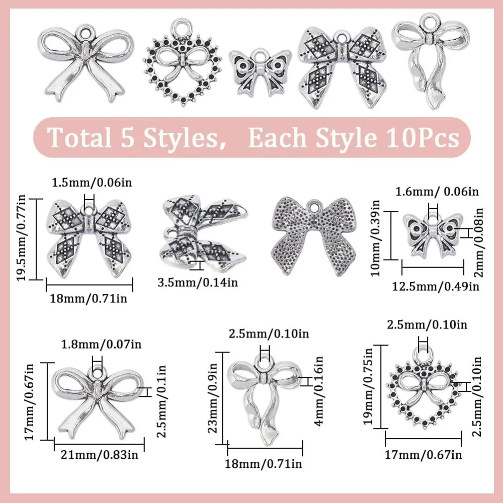 50 ชิ้น 5 รูปแบบ Bow Charms Bowknot Charm Silver Hollowed ทิเบตสไตล์ฮาโลวีนคริสต์มาส Charms สําหรับเครื่องประดับทําชุด