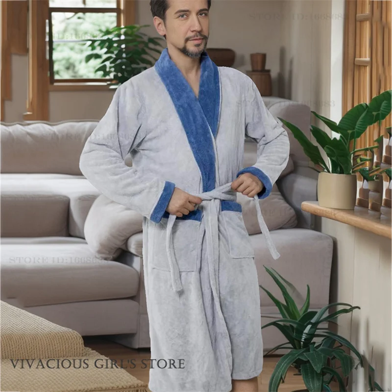 厚手のフランネルメンズローブ着物バスローブガウンルーズカジュアルパジャマホーム服冬コーラルフリースラウンジウェアネグリジェ