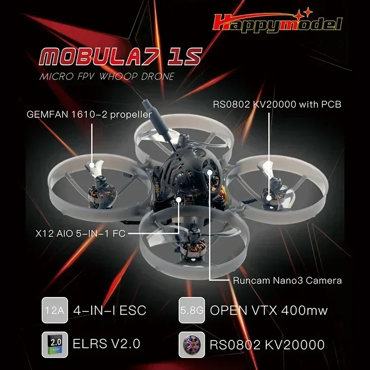 Happymodel Mobula7 Mobula 7 1S Micro FPV BWhoop Drone 5IN1 AIO Flight Controller Built-in 2.4G ELRS V2.0 RX Nano3 1/3 CMOS thumbnail 5