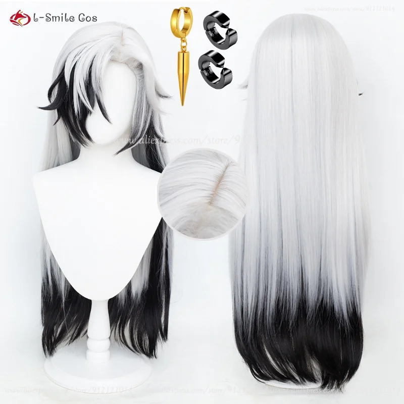 

Game HSR Boothill Cosplay Wig 80cm Long Black White Wigs With Boothill Earrings Heat Resistance Synthetic Hair Halloween Wig