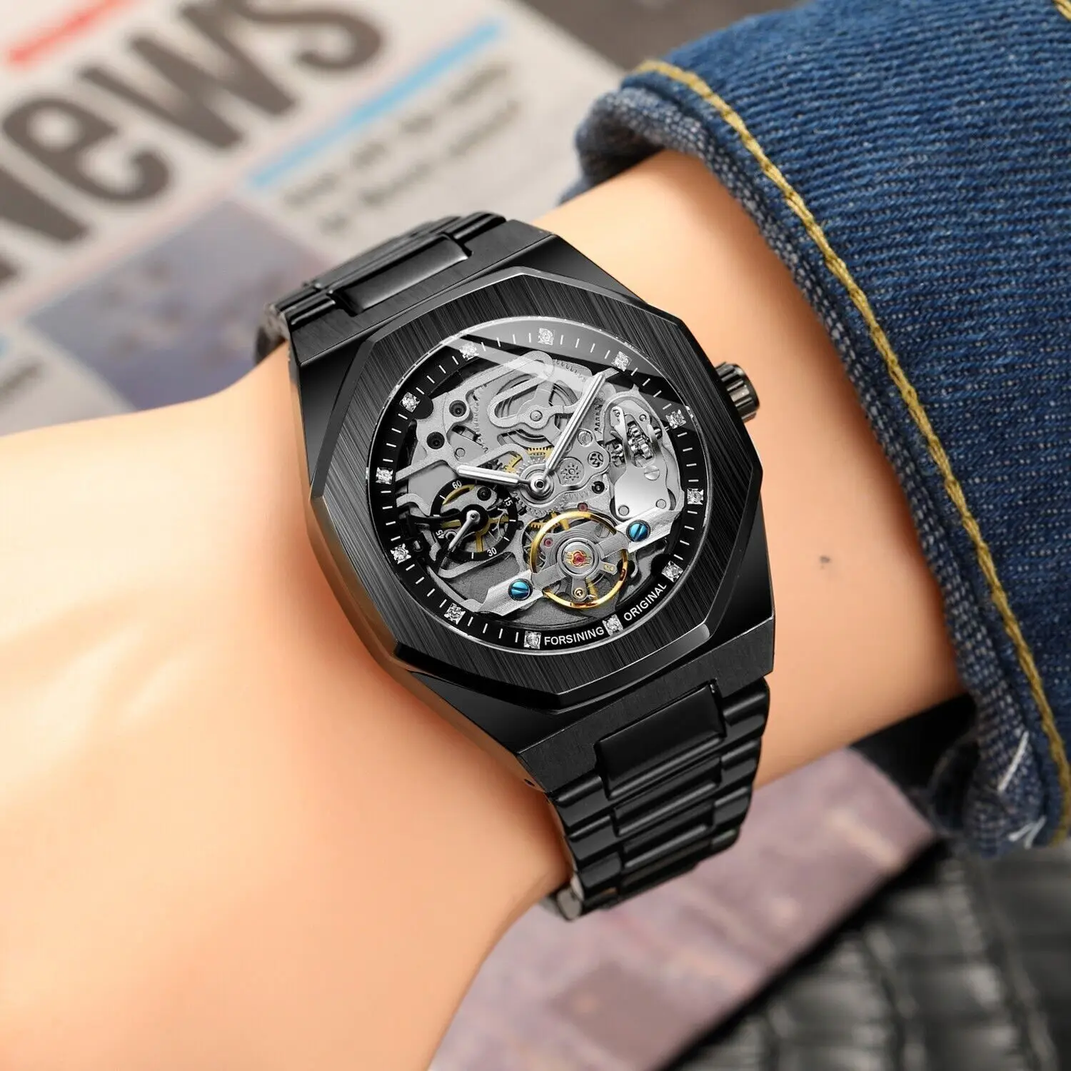 Mens Business Mechanical Watch Black Skeleton Stainless Steel Automatic Self Winding Luxury Brand Wristwatch Nice Gift