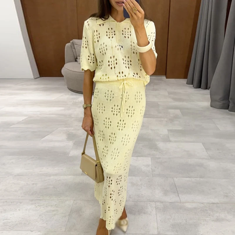 Summer Solid Color Commute Outfits Elegant Ladies Slim Party Two Piece Suits Hollow Out O-neck Short Sleeve Tops & Skirts Sets