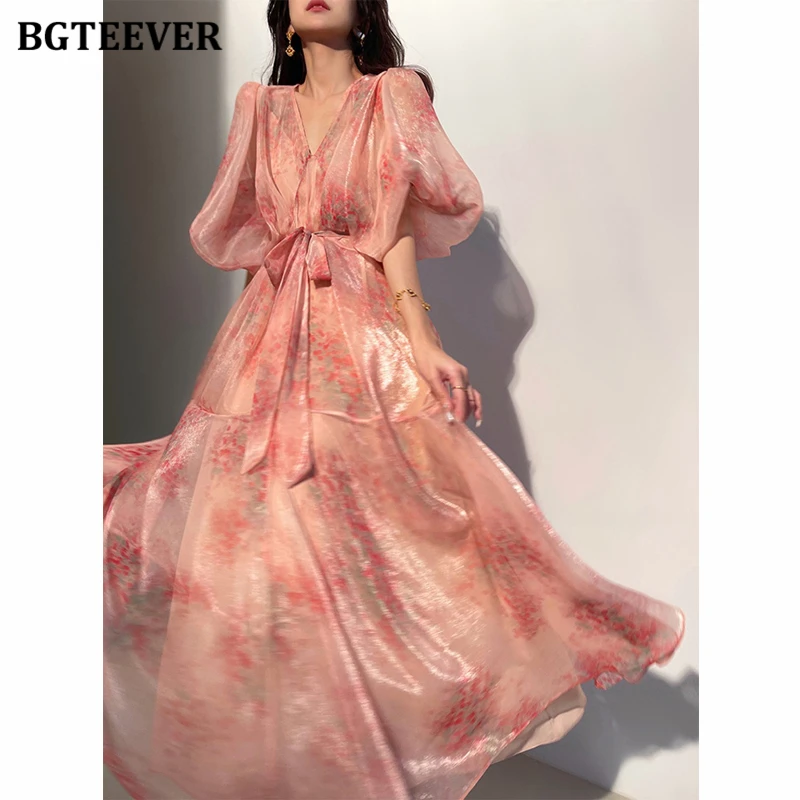 BGTEEVER Elegant V-neck Loose Women Floral Dress Summer Puff Sleeve Female A-line Dress Summer Ladies Vestidos
