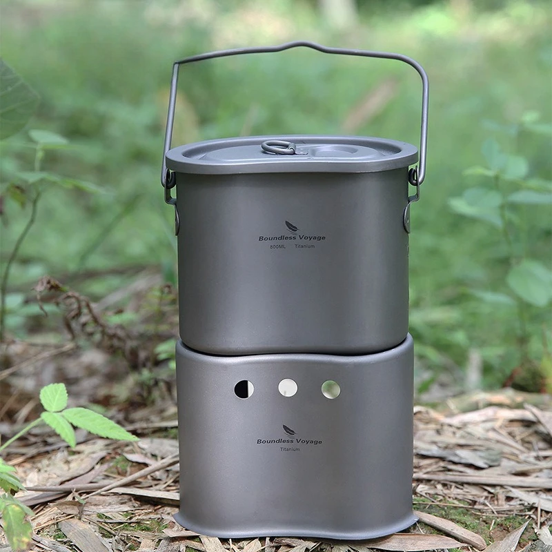 Pure titanium titanium pot split set outdoor camping alcohol multi-functional firewood charcoal stove portable small stove