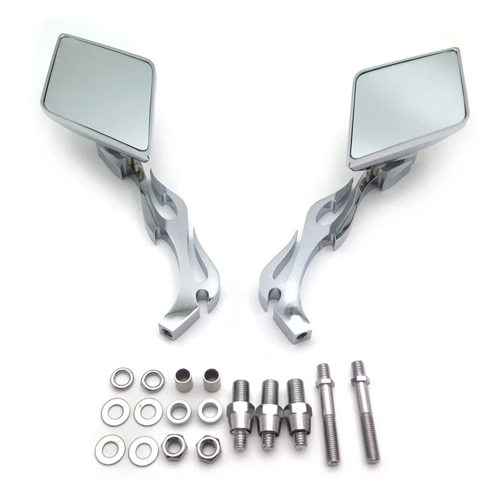 Motorcycle Parts Diamond Flame Stem Mirrors for Harley/Honda/Suzuki or Metric Bike Use 8mm or 10mm Screw