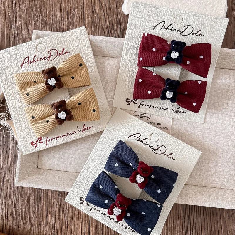 

Корейские заколки для волос в горошек для девочек, набор заколок для волос с бантом и медведем, милые детские аксессуары для волос, нескользящие зажимы для волос