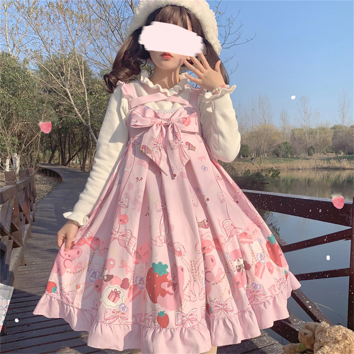 JSK – robe à volants pour filles, Style japonais, douce, Cosplay, Lolita Kawaii, Loli, imprimé fraise, ours, gâteau, cadeau, nœud de perle