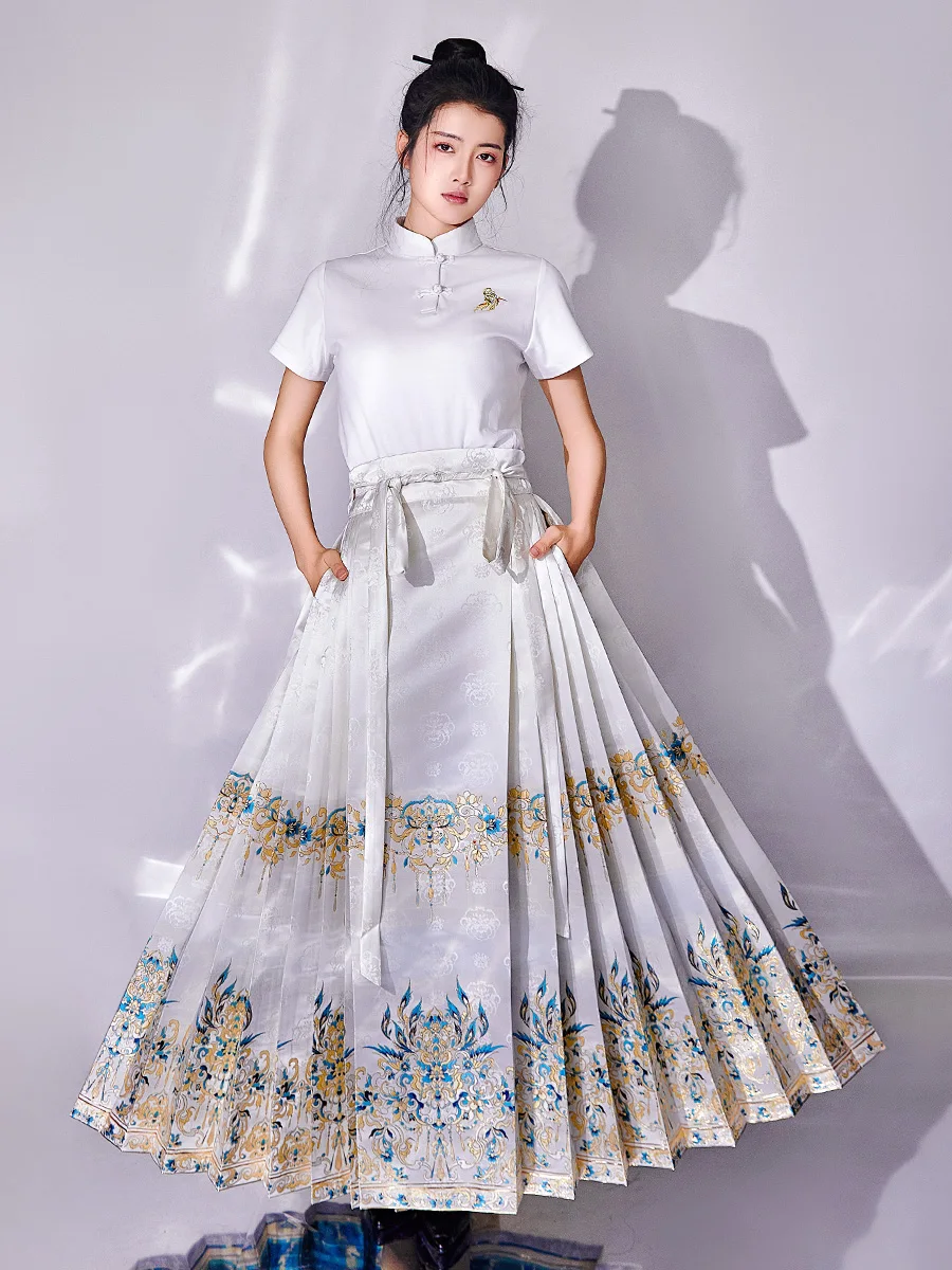 

Бело-зеленый комплект ханьфу: юбка и топ с карманами, новинка 2025 года, весенняя мода, традиционная китайская одежда