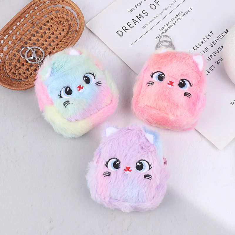 Cute Cat Plush Coin Purse Zipper Change Purse With Keychain Small Headphone Lipstick Bag Mini Wallet Money Bag Kids Gift