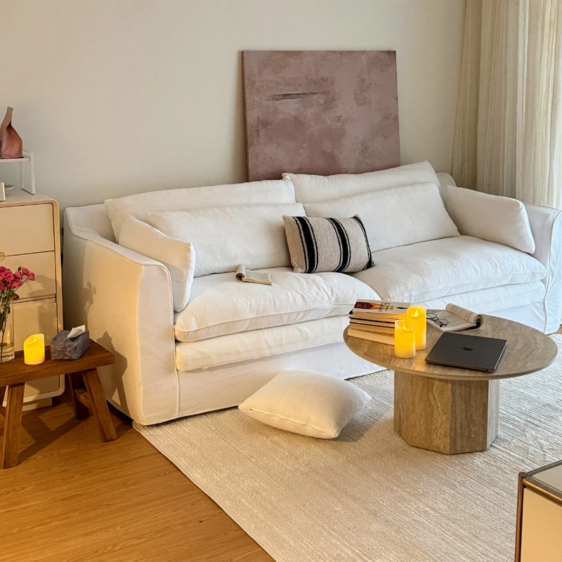 

Cream style hug sofa retro wind cotton and linen living room small apartment French three-person straight row removable