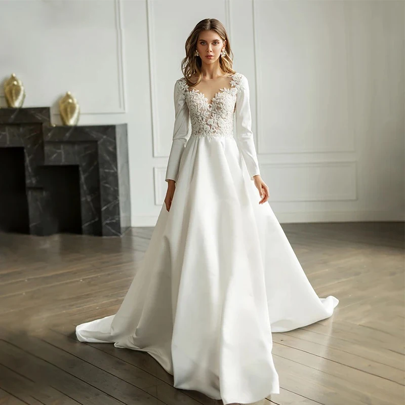 

Elegant Wedding Dress Satin With Lace A-Line Floor Length Ball Gown Full Sleeve O-Neck Customized Bride Dress Vestido De Novia