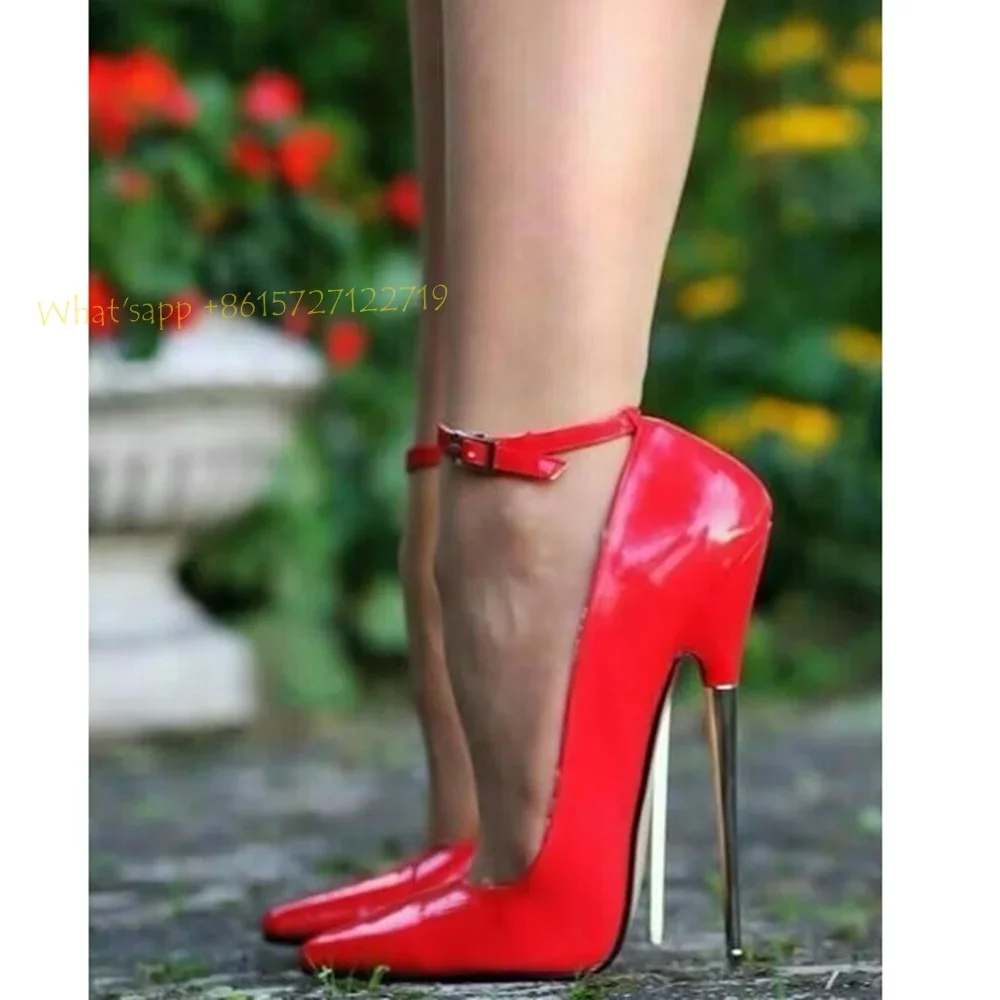 Super High Thin Heels Pointy Toe Patent Leather Women Pumps Sexy Ankle Wrap Party Spring Shoes 2022 Women Needle Heels Pumps