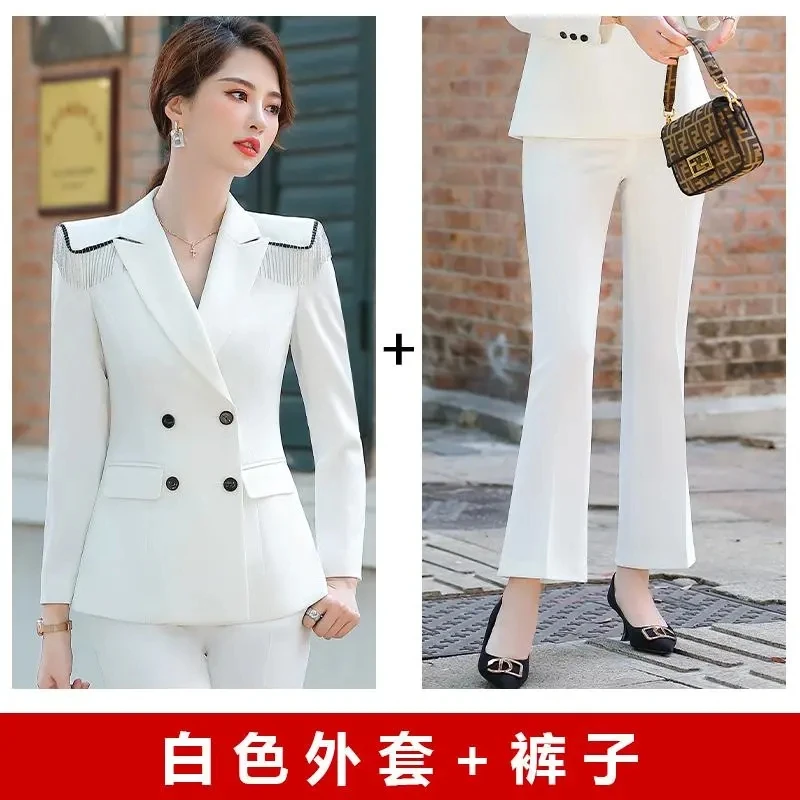 High Quality White Tassel Blazer Jacket Female Straight Pants Sets Temperament Lady Fashion Streetwear Suits Women Elegant