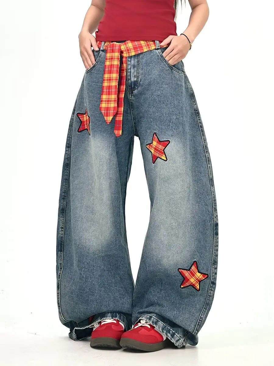 Y2K Fashion Retro Cartoon Embroidered Women Wide-leg Jeans Casual Harajuku Loose Pants Street Personality High-waisted Jeans New