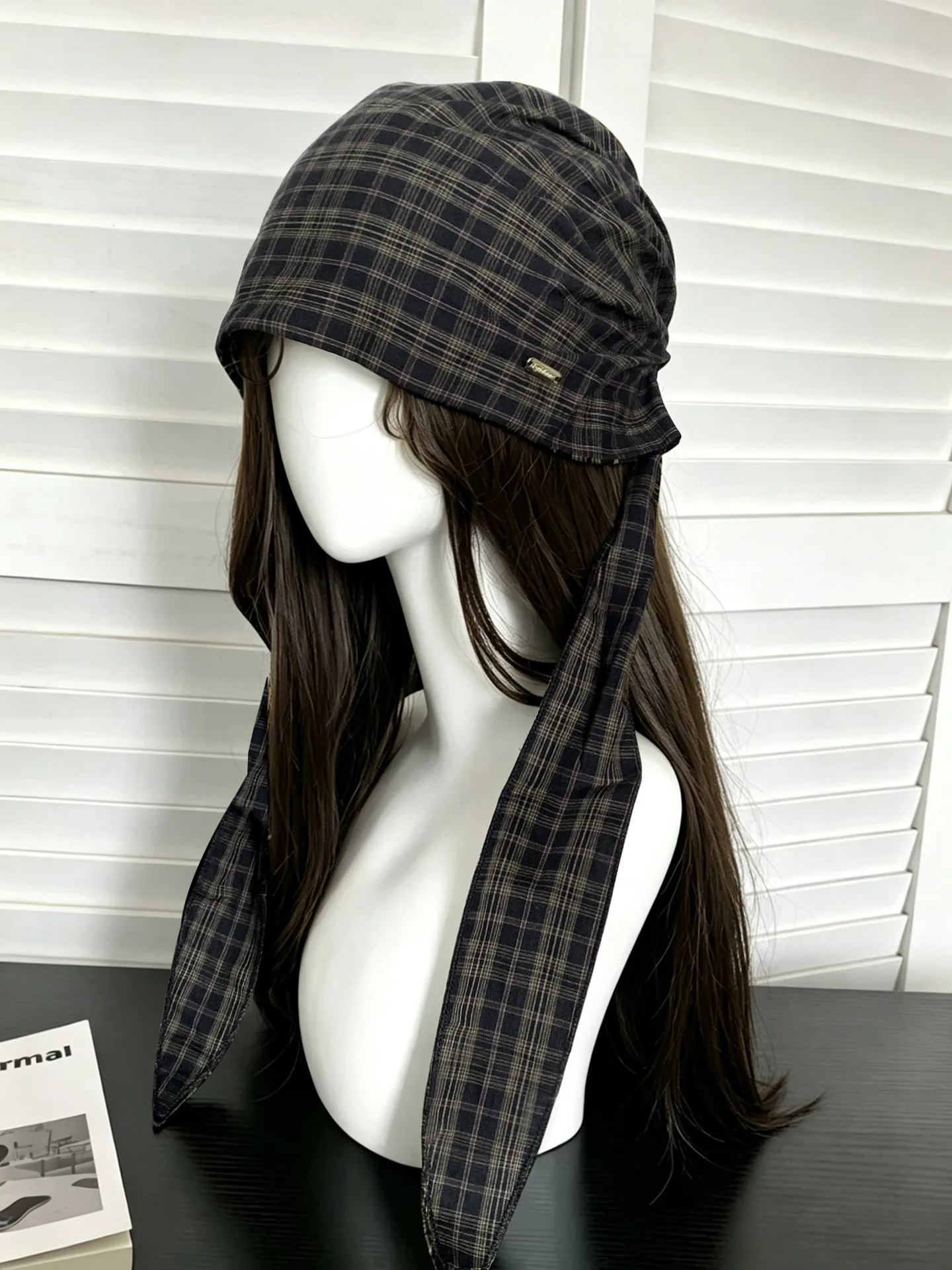 Large Size Retro Plaid Tie Head Cap Wide Head Circumference American Style Towel Hat Small Cold Cap Large Size Summer Breathable