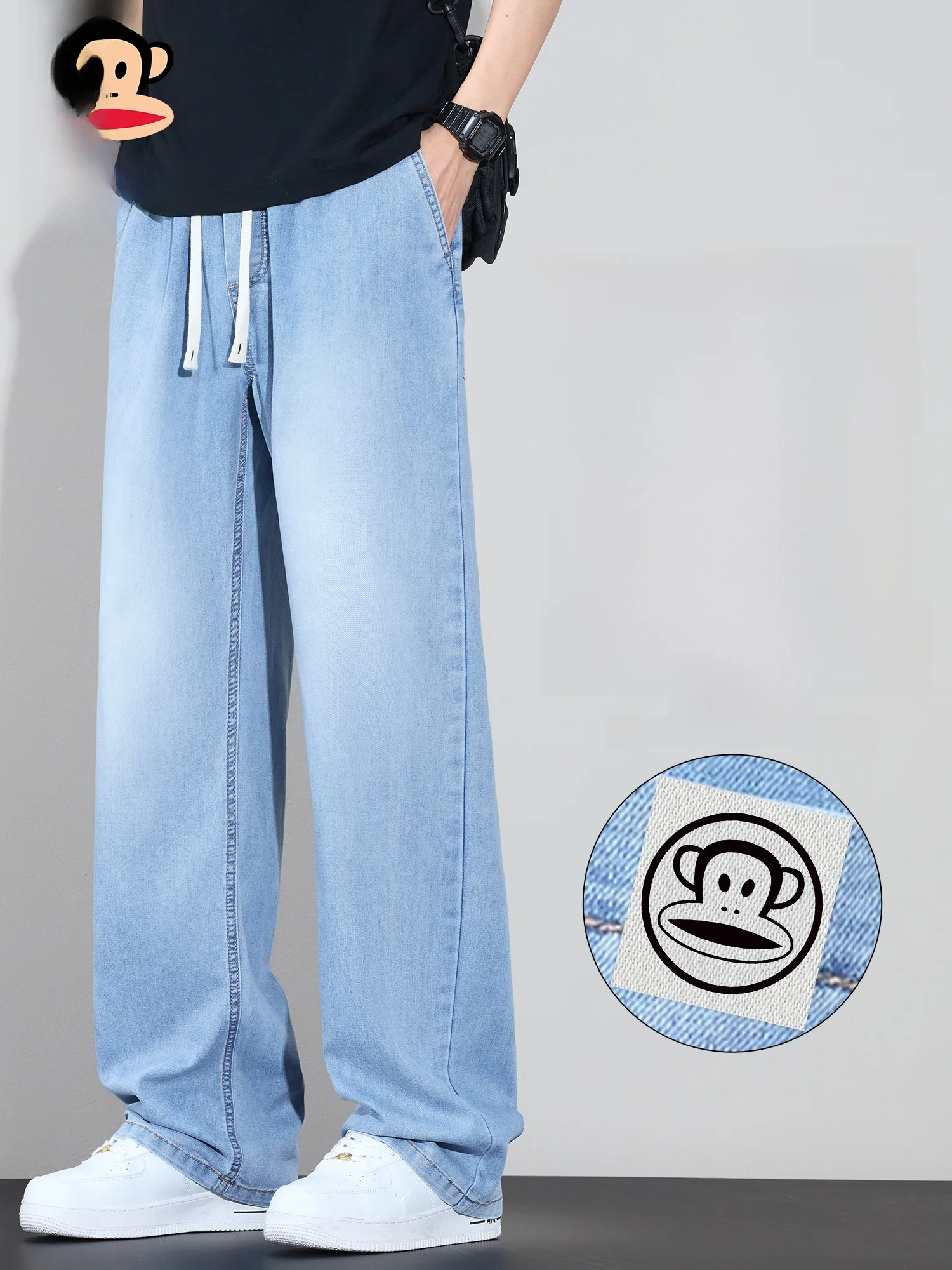 

Мужские летние винтажные джинсы PaulFrank свободного кроя с прямыми штанинами, тонкие шелковые джинсовые брюки с эластичной талией, повседневные брюки