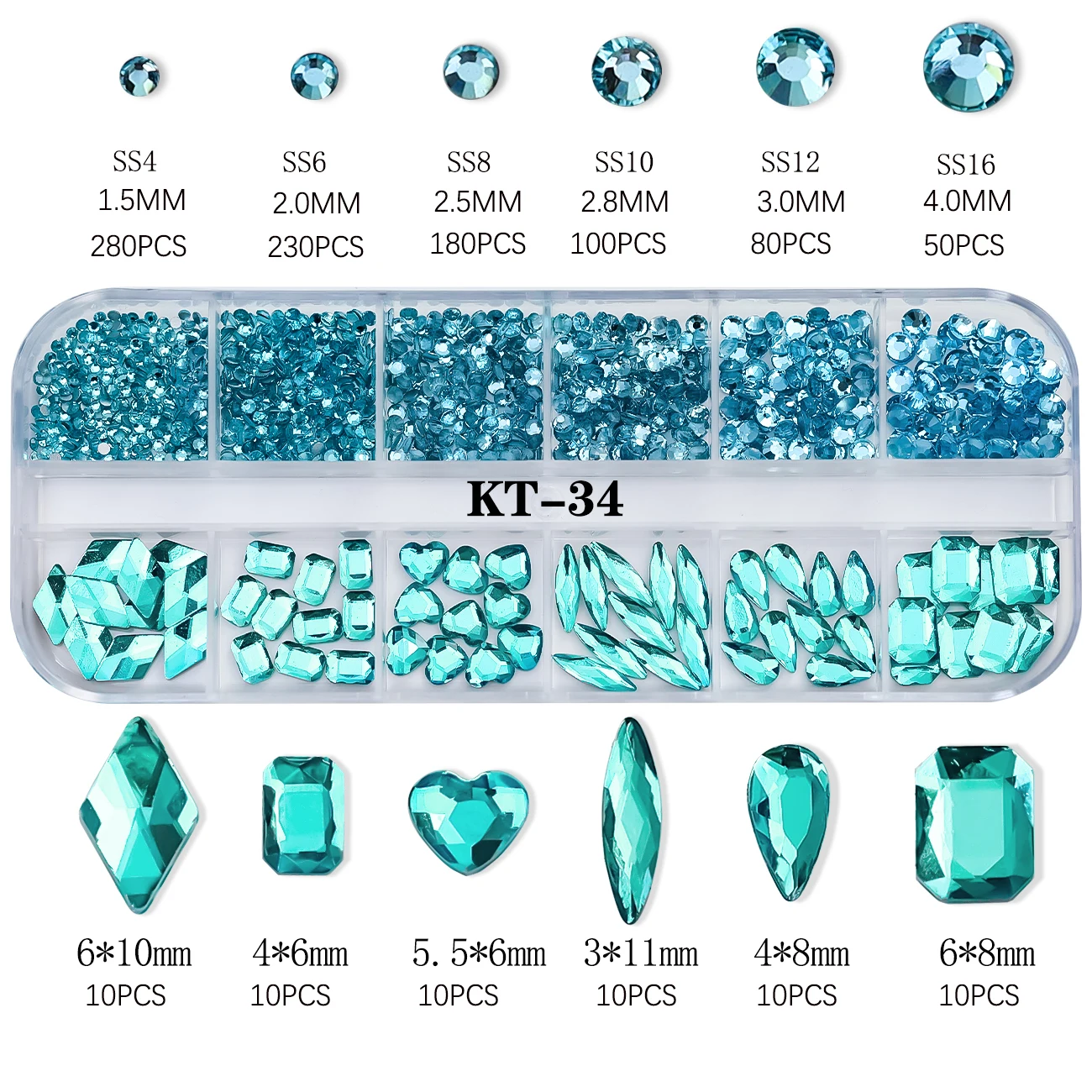 12 rejillas de diamantes de imitación 3D para decoración de uñas, color azul lago, con 2 herramientas, gemas de diamante de cristal de forma mixta, dijes para uñas para decoración de manicura de océano de verano