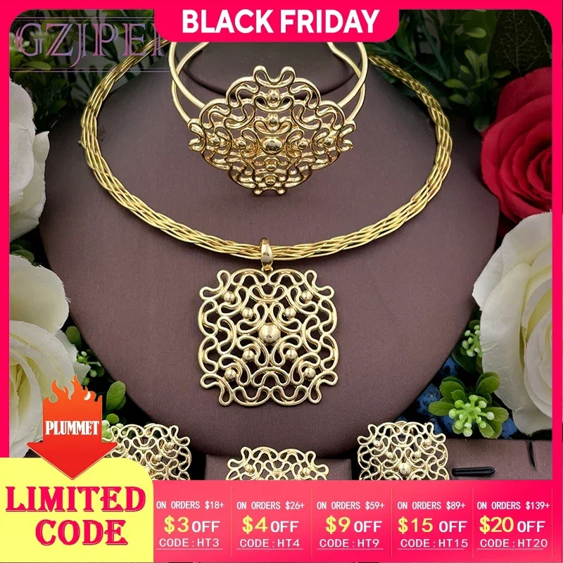 

Africal Gold Color Big Jewelry Set Fashion Statement Square Pendant Necklace Bracelet Earrings Ring Set For Women Wedding Gift