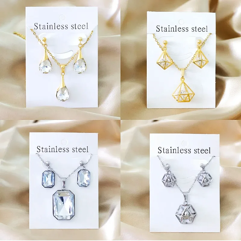 Korean Fashion Stainless Steel Jewelry Sets For Woman Water Drop Pendant Necklaces And Earrings Set Cubic Zirconia Jewelry Set